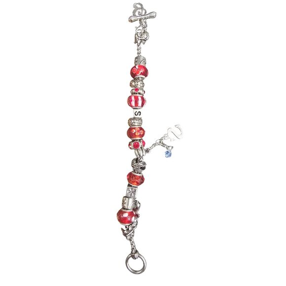 Red & Silver Charm Bracelet With Glass Beads & Metal Charms Adjustable Length - Picture 5 of 5